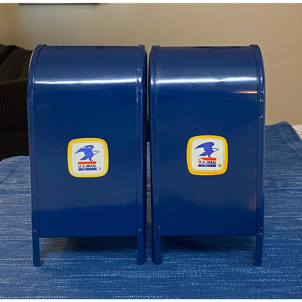 Pair Incomplete Vintage 8" US Mail Blue Metal Mailbox Coin Bank USPS - Picture 4 of 4